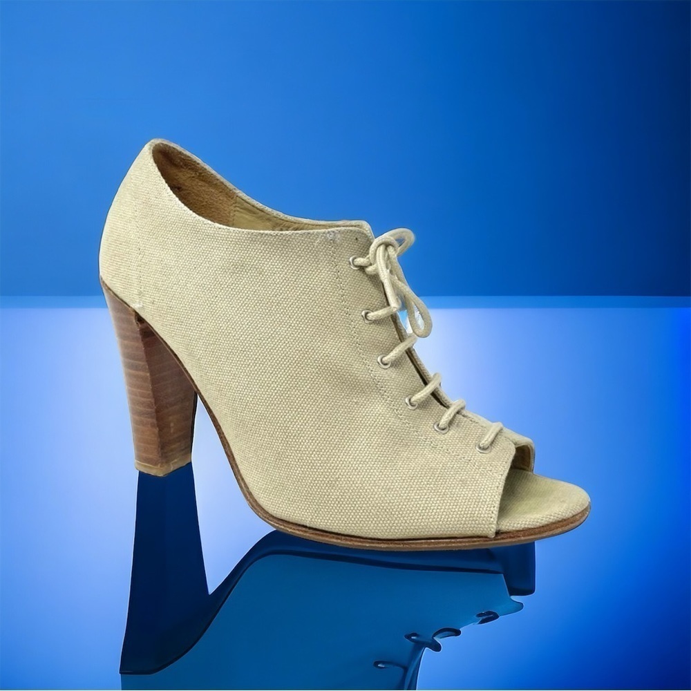 Y2K Opening Ceremony Tan Canvas Lace Up Peep Toe Heels Size 7